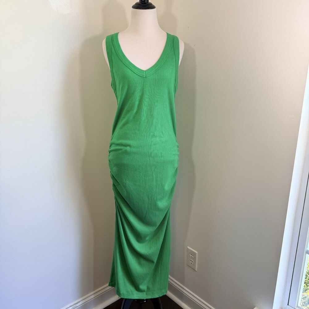 Michael Stars Lilo Dress Fitted Tank V Neck Ribbed Leg Slit Green Midi Dress L
